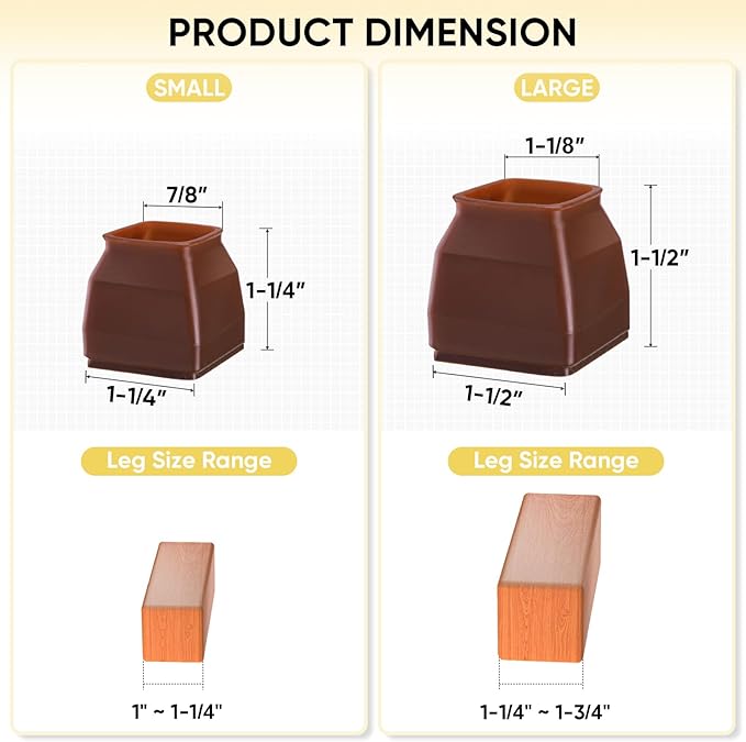 BALEINE 32 Pack Silicone Chair Leg Floor Protectors, Stool Leg Protectors Cap, Non-Slip Chair Leg Caps for Hardwood Floors (Brown & Small (Square), 32 Pack)