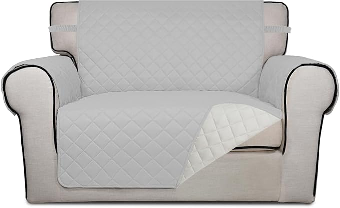PureFit Reversible Quilted Sofa Cover, Water Resistant Slipcover Furniture Protector, Washable Couch Cover with Non Slip and Elastic Straps for Kids, Dogs, Pets (Oversized Chair, Light Gray/Ivory)