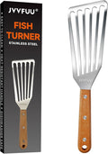 Fish Turner Spatula Stainless Steel, 11" Metal Slotted Spatula for Non Stick Pans, Grilling Salmon, Flipping Eggs & Pancakes,Easy to Clean,Heat-Resistant Wood Handle