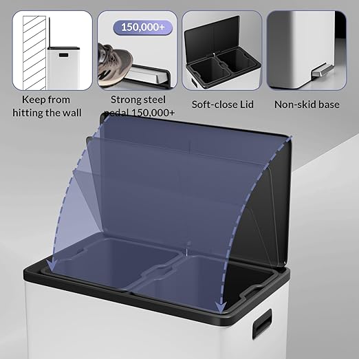GarveeHome Step Dual Trash Can, 60L/16 Gallon Recycle Bins with Lid, 2 Removable Wastebusket, Step Pedal, Large Stainless Steel Double Trash Bin for Kitchen, Bathroom