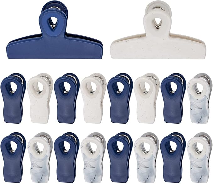 COOK WITH COLOR Bag Clips - Heavy Duty Chip and Refrigerator Magnet Clip for Food Storage, Blue and White, 2 Large and 16 Small Clips