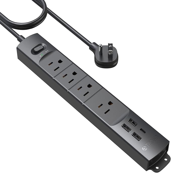 TROND Surge Protector Power Strip with USB, Ultra Thin Flat Plug 6ft Long Extension Cord 1625W, 3 USB A & 1 Type C, 4 AC Outlets 1440J Surge Protection Wall Mount for Home Office Dorm Room, Black