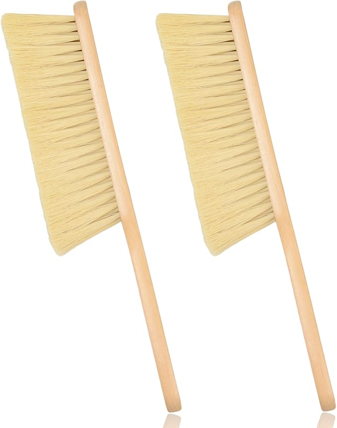 2 Pieces Woooden Dust Brush Hand Broom Bench Brush with Long Wood Handle Whisk Broom Soft Bristle Brush for Counter Bed Sofa Car Fireplace Clothes Household Cleaning(Khaki)