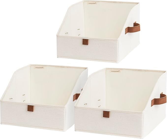 StorageWorks Closet Storage Bins, Trapezoid Organizer Box for Shelves, Fabric Clothes Bin, Foldable Organizing Baskets with Handles, Small, Ivory White, 3-Pack