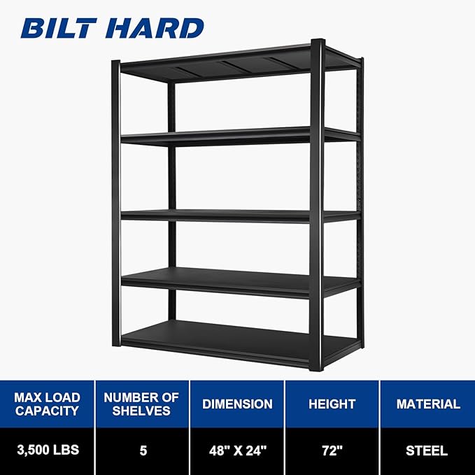 BILT HARD 3500LBS 48" W x 24" D x 72" H Garage Shelving, 5-Shelf Industrial Storage Shelves Heavy Duty, Metal Shelving Units with Adjustable Shelf, Steel Utility Shelves, 2 Pack