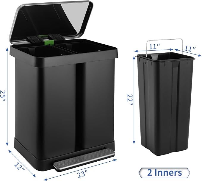 16 Gallon Dual Compartment Trash Can, Hands-Free Recycling Rectangular Garbage Bin, Stainless Steel Step-On Dustbin with Soft-Close Lid, Removable Inner Buckets, for Kitchen Home