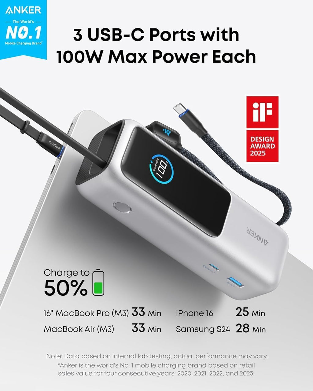Anker Laptop Power Bank, 25,000mAh Portable Charger with Triple 100W USB-C Ports, Built-in and Retractable Cables, for iPhone 16/15 Series, MacBook, Samsung, and More (Flight-Approved)