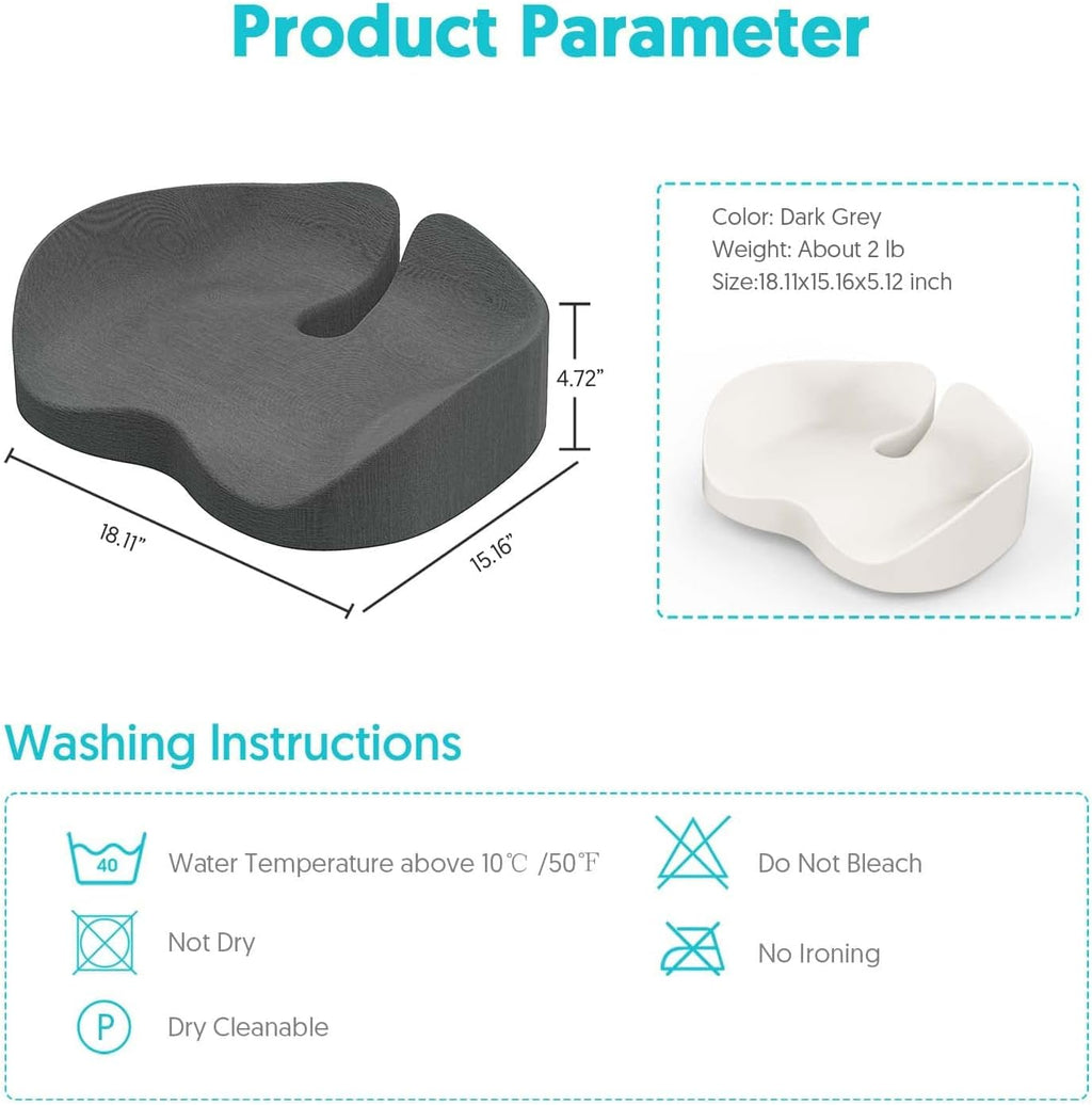 Seat Cushion for Office Chairs - Tailbone & Sciatica & Hip & Coccyx & Low Back Pain Relief Pillow - Memory Foam Pressure Relief Cushion for Long Sitting for Gaming, Compute, Desk Chair, Car Seat