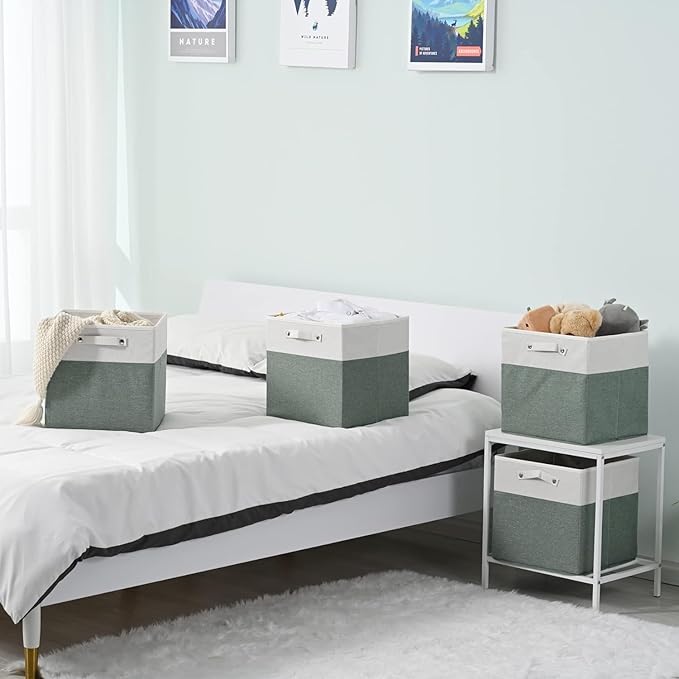 13 x 13 Inch Fine Linen Storage Bins with Handles，Fabric Cube Boxs，Collapsible Basket Organizers for Shelves for Home, Closet Drawers (White/Green-6 Pack)