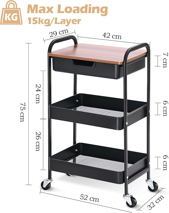 TOOLF 3-Tier Utility Rolling Cart with Wooden Board and Drawer, Metal Storage Cart with Handle, Black Trolley Kitchen Organizer Rolling Desk with Locking Wheels for Office, Classroom, Home, Bedroom