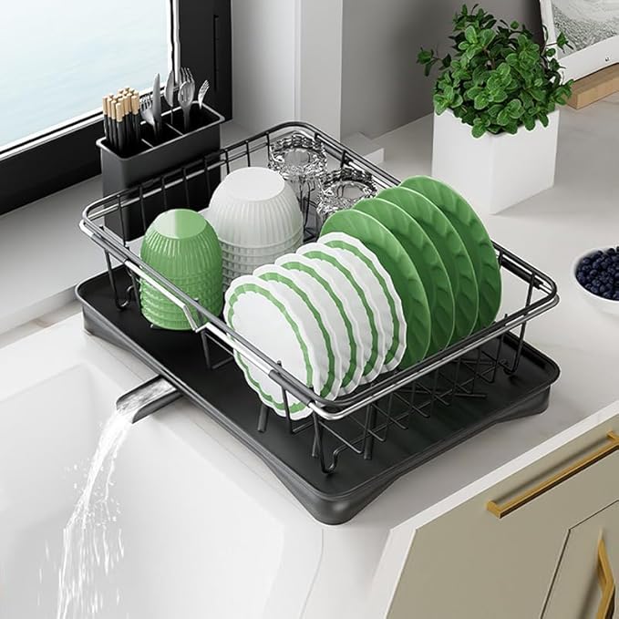 Dish Drying Rack - Expandable Dish Rack for Kitchen Counter, Dish Drainer for Kitchen Counter with Cutlery Holder, Drying Rack Fit for 14’’-21’’ Kitchen Sink
