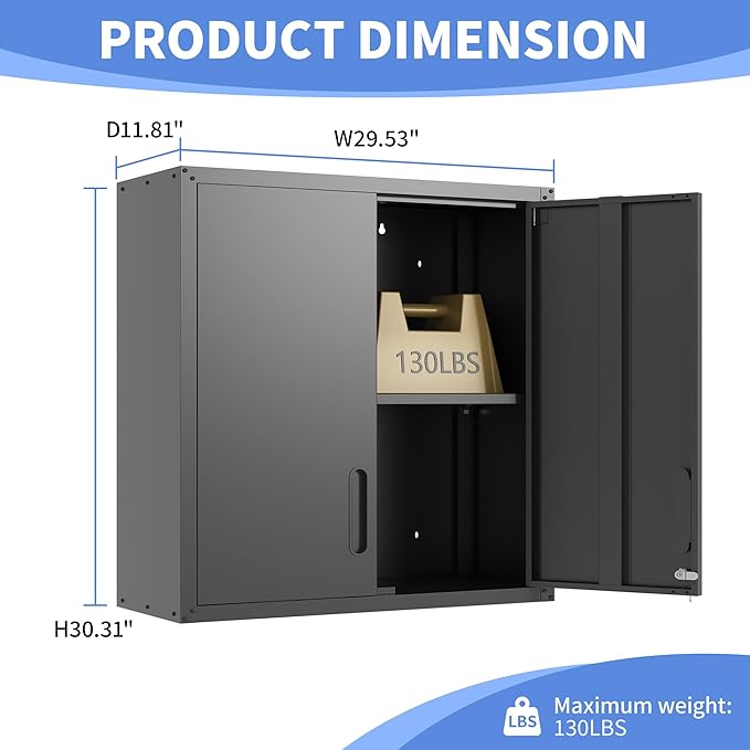 Garage Wall Cabinet with Doors and Shelves, Metal Wall Mounted Storage Cabinet with Lock, Hanging Tool Cabinet for Garage Utility Room, Black