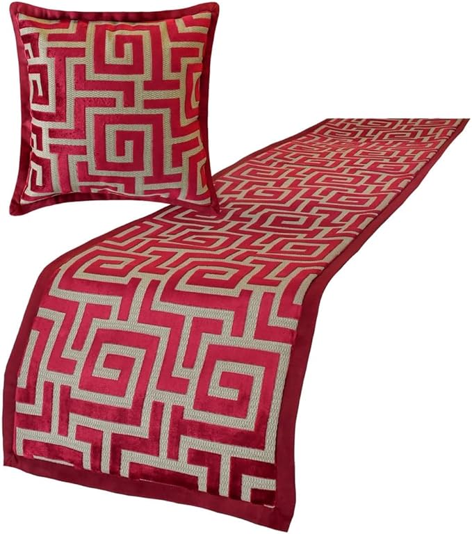 The HomeCentric King/Queen/Twin Red Designer CA King 86"x18" Bed Runner with Pillow Cover, Maze Bed Scarf on Velvet Fabric - Path