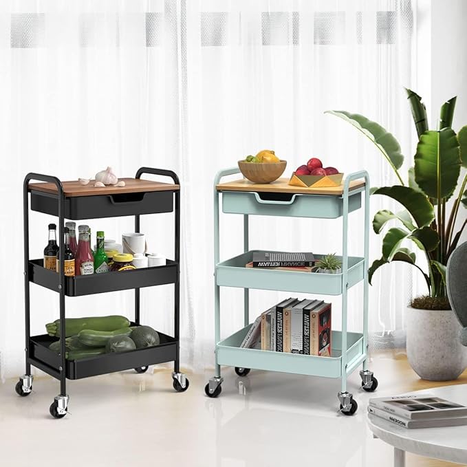 3 Tier Rolling Cart with Drawer, Metal Utility Cart on Wheels Storage Cart with Wood Top, Kitchen Cart Art Cart Organizer for Bathroom Office Balcony Living Room