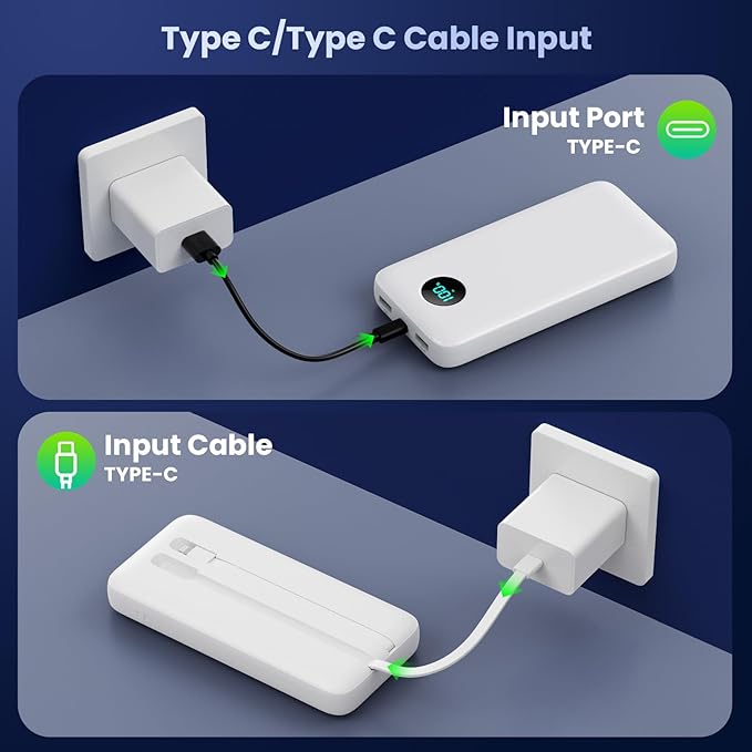 Portable Charger 40,800mAh Power Bank, 25W PD QC 4.0 Fast Charging Portable Phone Charger with Built-in Cables,LCD Display USB C Battery Pack Compatible with iPhone 16/15/14,Android Samsung (White)