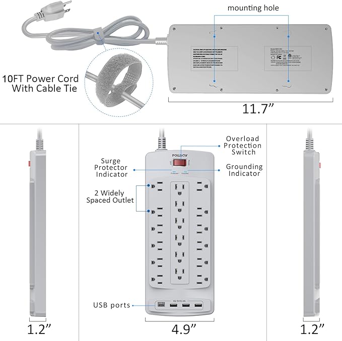 18 Outlets Surge Protector Power Strip - 10 Feet Flat Plug Heavy Duty Extension Cord with 18 Widely Outlets and 4 USB Ports, 2100 Joules, Grey, ETL Listed