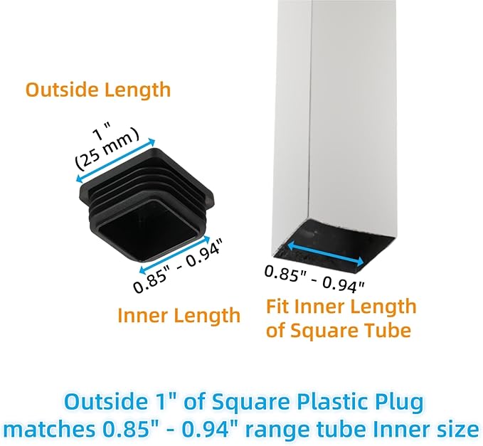 Furnigear Plastic Plugs Tubing End Cap Chair End Caps Outside Bottom Tubing Caps Square Furniture Sliders Glides Black (40, Fit 0.85-0.94" Square Tube Inner Size)