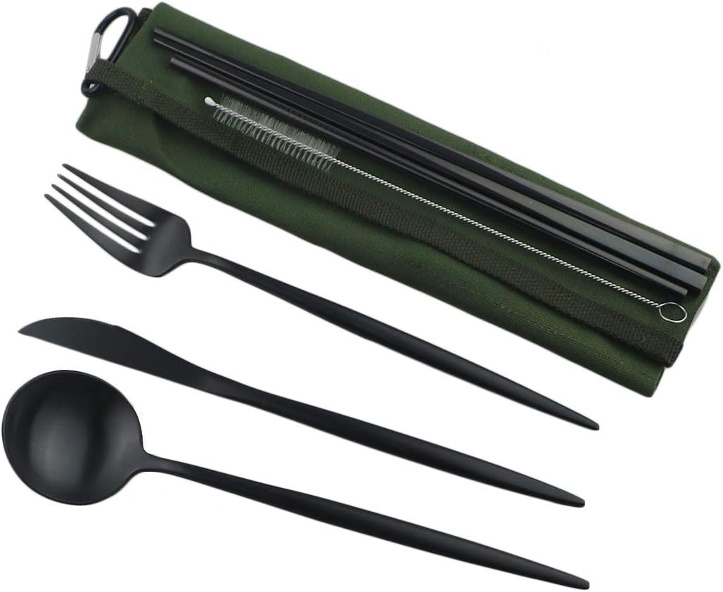 Gugrida Reusable Travel Utensils, 7 Piece Portable 304 Stainless Steel including Knife Fork Spoon Chopsticks Cleaning Brush Straws Portable Pouch, Eco-friendly Camping Silverware Set, Dishwasher Safe