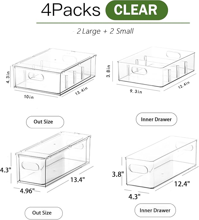 4 Pack Clear Storage Drawer Set, Stackable Fridge Drawer Organizer Fruit Vegetable Storage Containers for Kitchen Pantry Organization,BPA-Free