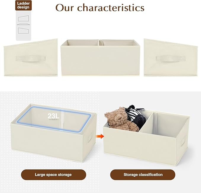 DIMJ Closet Storage Bins, 6 Pack Storage Baskets for Shelves, Foldable Shelf Organizer with Handle, Linen Closet Organizers and Storage for Clothes, Toys, Towel, Books (Beige),