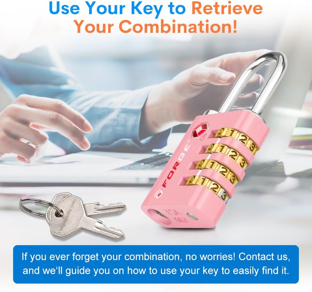 Forge Dual-Opening: Key or Combination Access Lock, TSA Approved Locks for Luggage, Pelican case, Travel, Gym, School, Stainless Steel Shackle. (Pink, 2 Pk)
