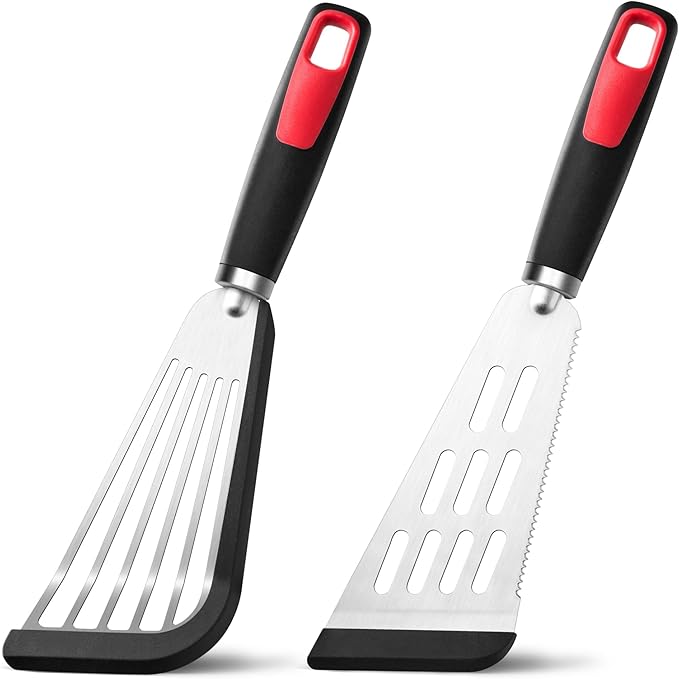Fish Spatula Turner Set of 2, 600ºF Heat Resistant Silicone Spatulas for Nonstick Cookware, Metal Slotted Spatula with Silicone Edge for Fish, Egg, Pancake, Dishwasher Safe