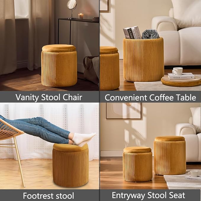 Round Set of 2 Ottoman with Storage-Upholstered Velvet Vanity Stool for Makeup Multifunctional Ottomans Coffee Table Padded Seat Foot Rest for Living Room&Bedroom (Yellow)