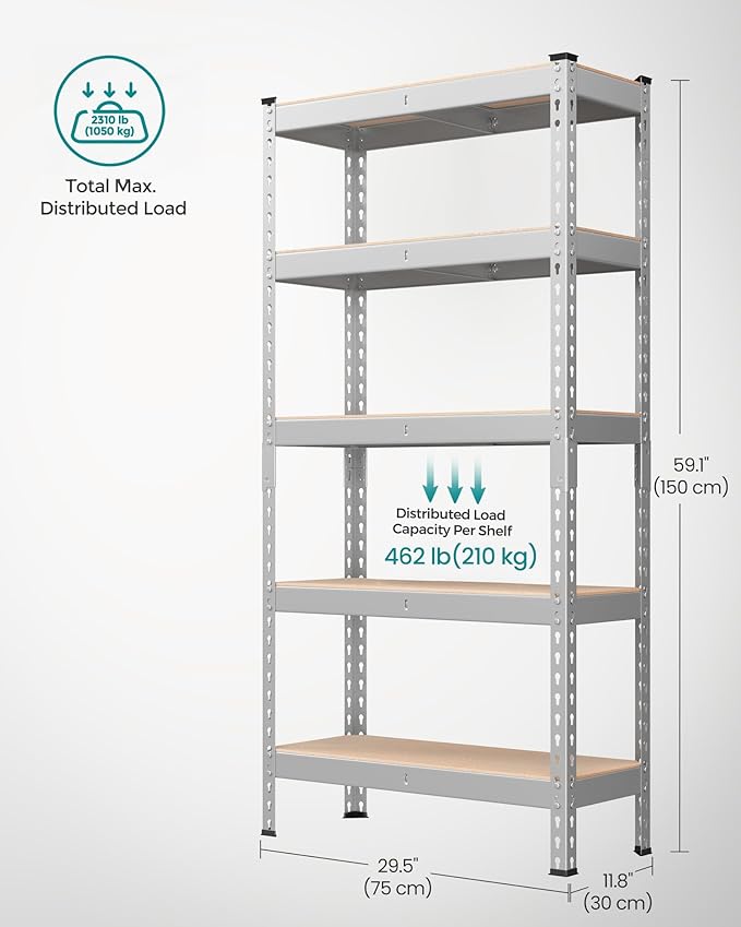 SONGMICS 5-Tier Storage Shelves, Load 2310 lb, Set of 2 Garage Storage, Boltless Assembly, Adjustable Shelving Unit, 11.8 x 29.5 x 59.1 Inches, for Study Shed Basement, Silver UGLR300E02