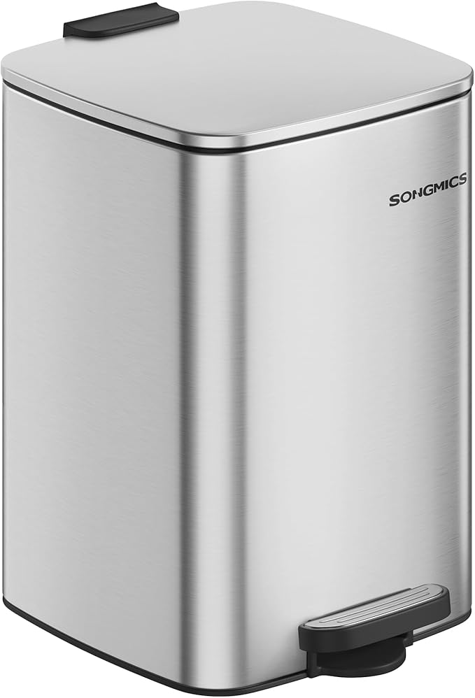 SONGMICS Kitchen Trash Can, 5.2-Gallon (20 L) Trash Bin, Stainless Steel Garbage Can, with Inner Bucket, Soft Close and Stays Open, Metallic Silver ULTB592E01