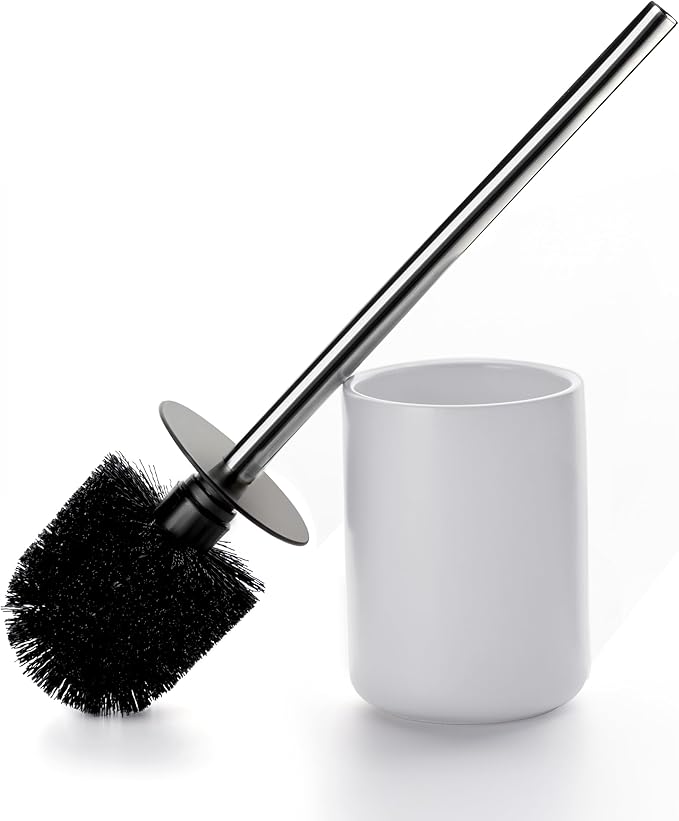 Ceramic Toilet Brush & Holder Set - Freestanding Deep-Cleaning Toilet Bowl Cleaner Brush, Stainless Steel Handle, Small & Sturdy for Storage, Easy to Clean, Non-Scratching