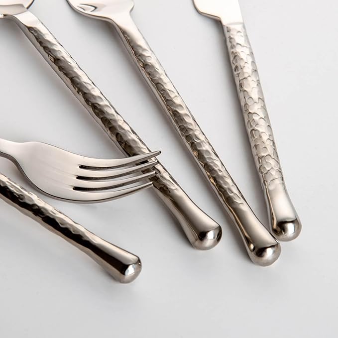 Glam Forged 20-Piece Silverware Set, 18/10 Stainless Steel Flatware, Unique Hammered Flatware Service for 4, Cutlery Set for Home Kitchen Hotel Restaurant Wedding Housewarming