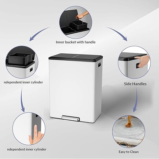 GarveeHome Step Dual Trash Can, 60L/16 Gallon Recycle Bins with Lid, 2 Removable Wastebusket, Step Pedal, Large Stainless Steel Double Trash Bin for Kitchen, Bathroom