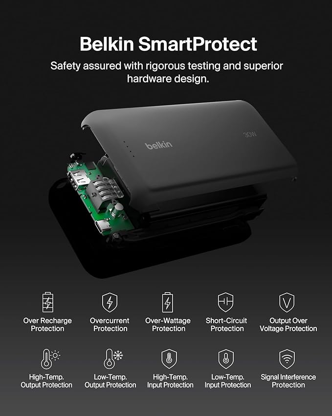 Belkin Portable Charger, Power Bank with Integrated Cable 20000 mAh 30W - Fast Charging USB C Power Delivery - iPhone 17, Air, Pro, Pro Max, iPad, AirPods, Apple Watch, Galaxy S25, & More - Black