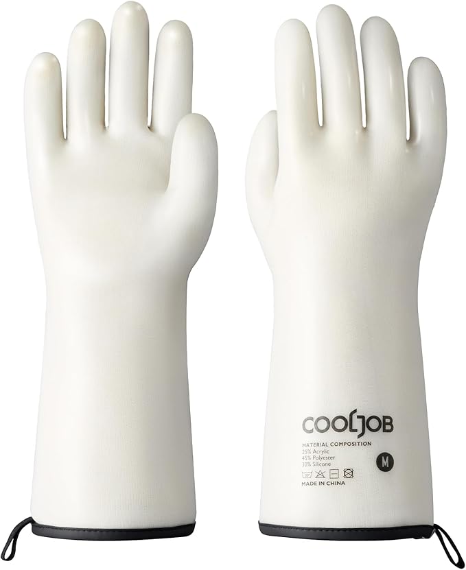 COOLJOB Heat Resistant Oven Gloves, Waterproof Liquid Silicone BBQ Grilling Gloves for Barbecue, Kitchen Cleaning, Baking, Food Contact, White, Medium
