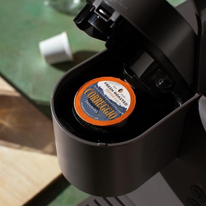 Fresh Roasted Coffee, Correggio Italian Craft Artisan Blend, Dark Roast, Kosher, 24 Pods for K cup Brewers