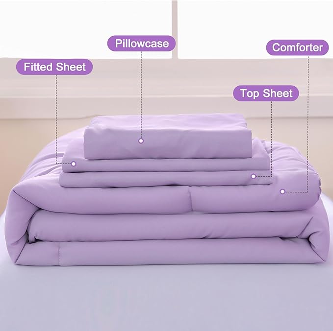 Wowelife 4 Pieces Toddler Bedding Set for Girls, Double Ruffles Comforter Sets Lavender Purple, Cozy and Comfortable Bedding Set Includes Comforter, Fitted Sheet, Flat Top Sheet and Pillowcase