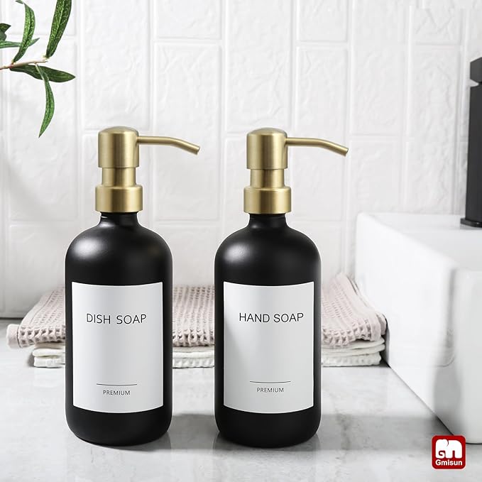GMISUN Gold Soap Dispenser, 2 Pack Matte Black Glass Bathroom Hand Soap Dispenser with Rustproof Golden Pump, 17 Fl Oz Kitchen Hand and Dish Soap Dispensers Set, Modern Liquid Soap Lotion Bottle