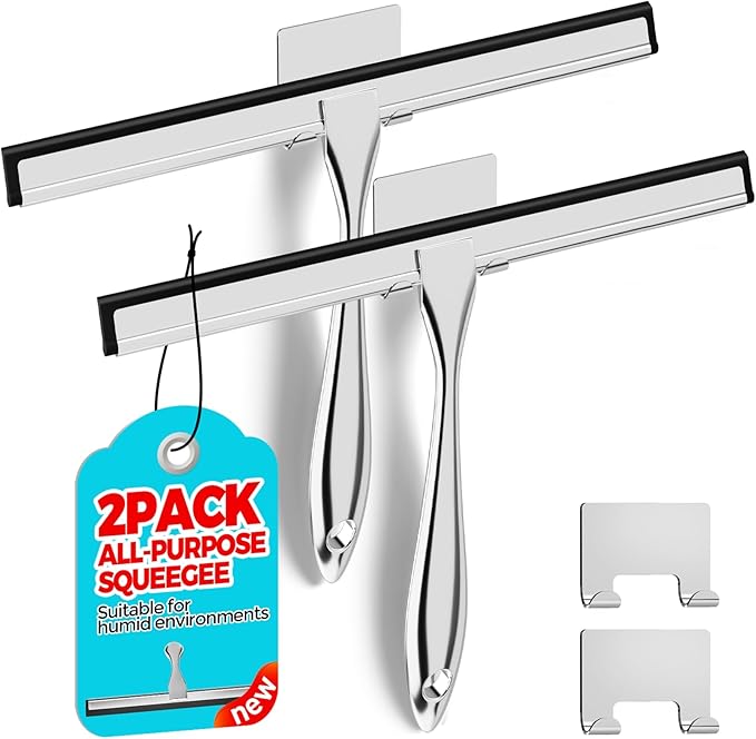 2PACK 12-Inch All-Purpose Shower Squeegee for Shower Doors, Tile Shower Walls, Bathroom, Window, Glass and Car Windshield, Mirrors and Kitchen-Stainless Steel, Silver
