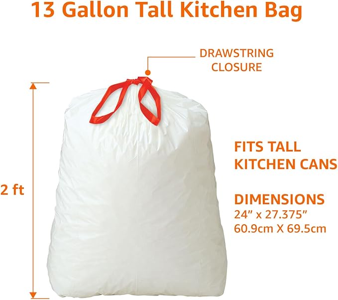 Amazon Basics 13 Gallon Tall Kitchen Drawstring Trash Bags, Unscented, 10% Post Consumer Recycled, 45 Count
