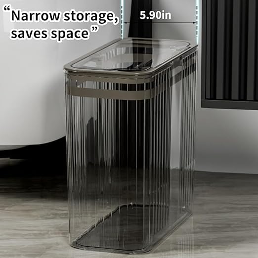 Transparent Trash Can, Bathroom Trash Cans with Lids, 3.5 Gallon Garbage Can for Bedroom, Office, Plastic Slim Waste Basket with Press Top Lid, 15L Clear Trash Bin for Home, Kitchen (Gray)