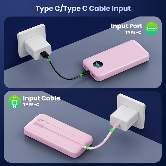 Portable Charger 40,800mAh Power Bank, 25W PD QC 4.0 Fast Charging Portable Phone Charger with Built-in Cables,LCD Display USB C Battery Pack Compatible with iPhone 16/15/14,Android Samsung (Pink)