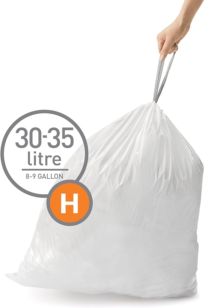 simplehuman Code H 60 Count, Dispenser Pack Custom Fit Liners, Drawstring Trash Bags, 30-35 Liter / 8-9.2 Gallon, White
