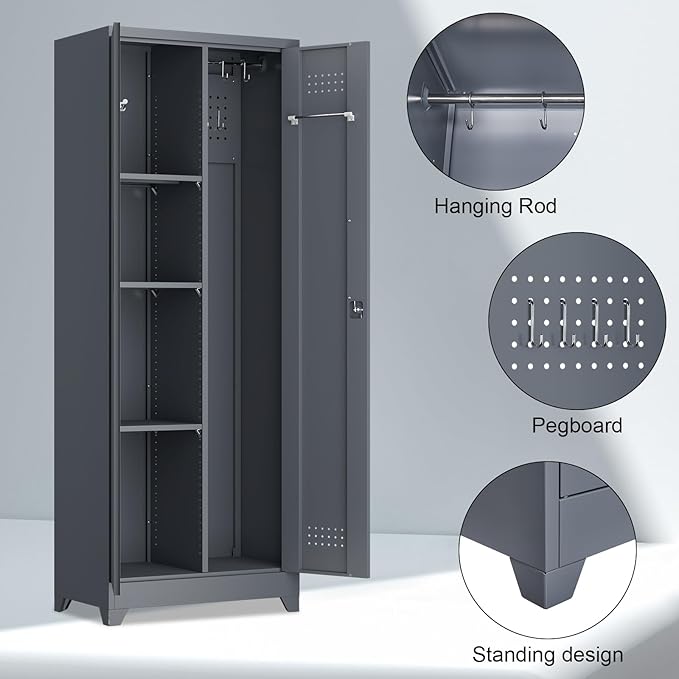 Broom Closet Storage Cabinet, Steel Locking Cabinet with Hanging Rod, 65" Cleaning Storage with Doors and Hooks, Tall Broom Tool Cabinets for Office, Garage