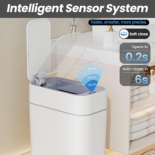 Bathroom Trash Can with Lid: 2.3 Gal Small Slim Motion Sensor Wastebasket, Bag Expansion, Wall Mounted, Automatic, Touchless, Narrow Design for Bathroom, Kitchen and Office, Waterproof