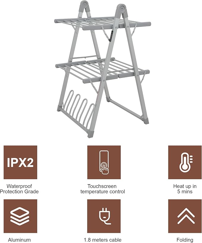 Electric Heated Clothes Drying Rack,Foldable Heated Garment Dryer with Timer Shut-Off Laundry Rack for Clothes Shoes Socks,Aluminum Alloy,Silvery Gray,Plug & Play,(39.37x25.98x23.82in)