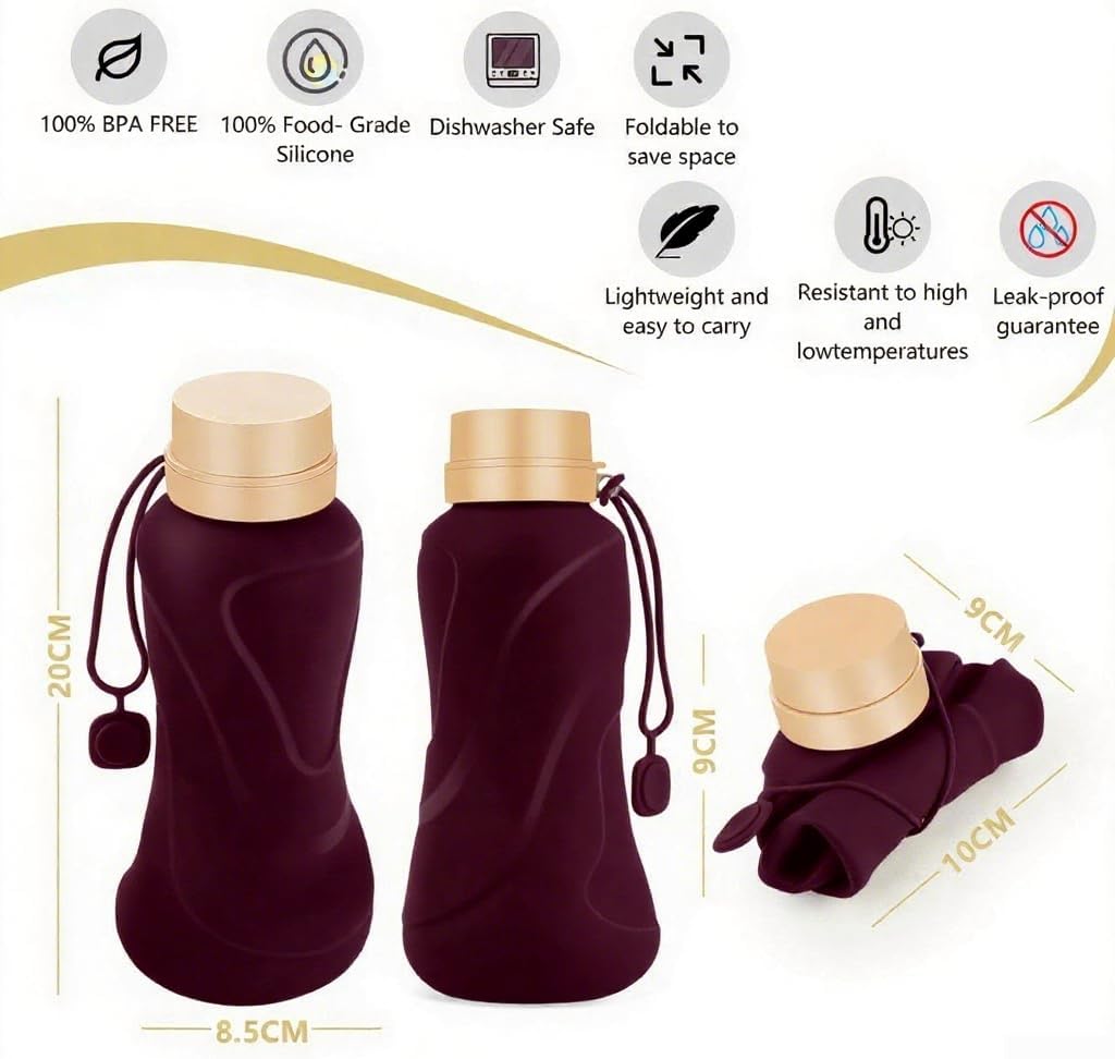Collapsible Water Bottles,650ml,Leak Proof,Reuseable BPA Free Silicone Foldable Water Bottles,Durable Lightweight for Travel Gym Camping Hiking,Compact Size Portable Sports Water Bottle (Coffee)