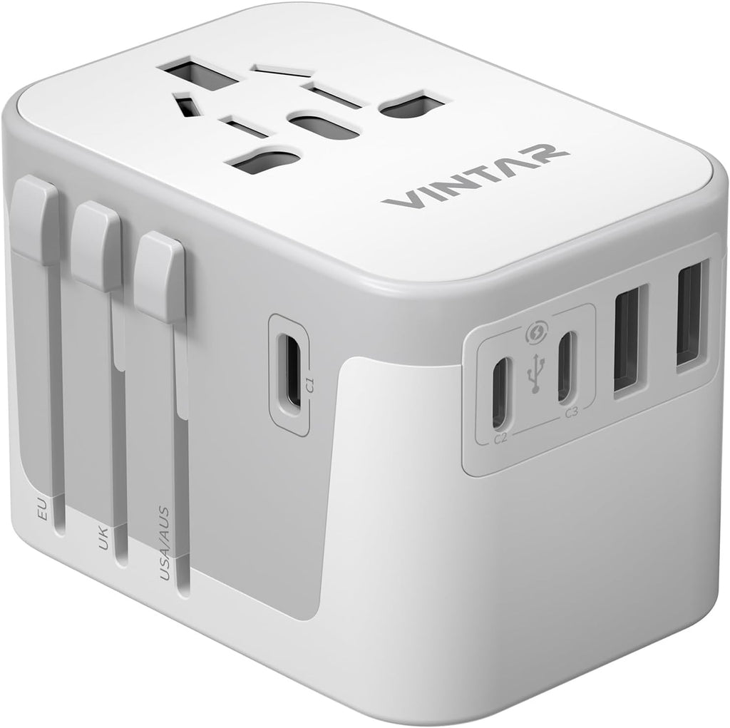 Universal Travel Adapter, VINTAR International Power Adapter with 6A 3 USB C and 2 USB Ports, All in One Travel Essentials Plug Adapter, Worldwide Outlet Converter for Europe UK AUS USA(Type A/C/G/I)
