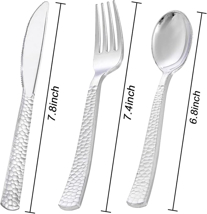 KIRE 400PCS Silver Plastic Silverware - Disposable Silverware, Heavy Duty Plastic Silverware Set Include 200 Silver Forks,100 Silver Knives,100 Silver Spoons for Party,Wedding for Christmas