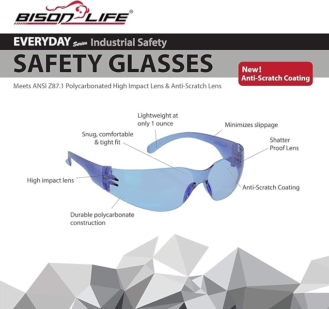 BISON LIFE Safety Glasses - Scratch Resistant Wrap Around Eyewear, Polycarbonate ANSI Z87.1 Impact Resistant Lens