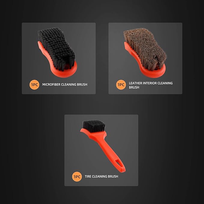 SPTA 3Pcs Car Detailing Brush Kit, Leather & Textile Interior Brush, Comfortable Grip and Scratch-Free Cleaning for Dashboard, Wheels, Seats, Foot Mats and Small Areas, Black